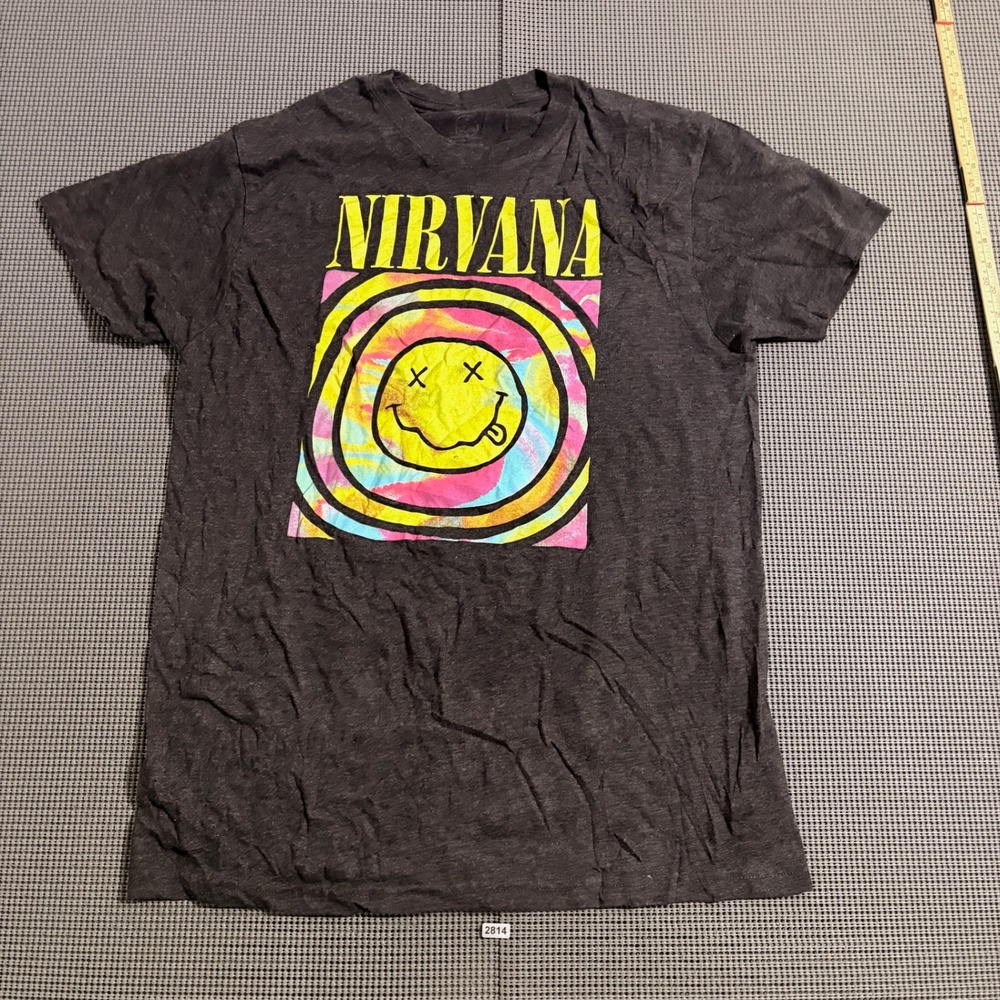 Nirvana Smiley Face Graphic T-Shirt Charcoal Gray Size XL